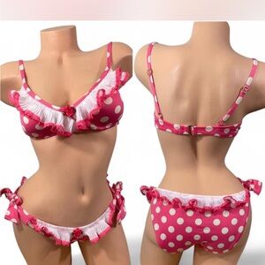 Betsey Johnson Bikini 2 Piece Set Pink White Polka Dot Ruffle Skirt Roses
